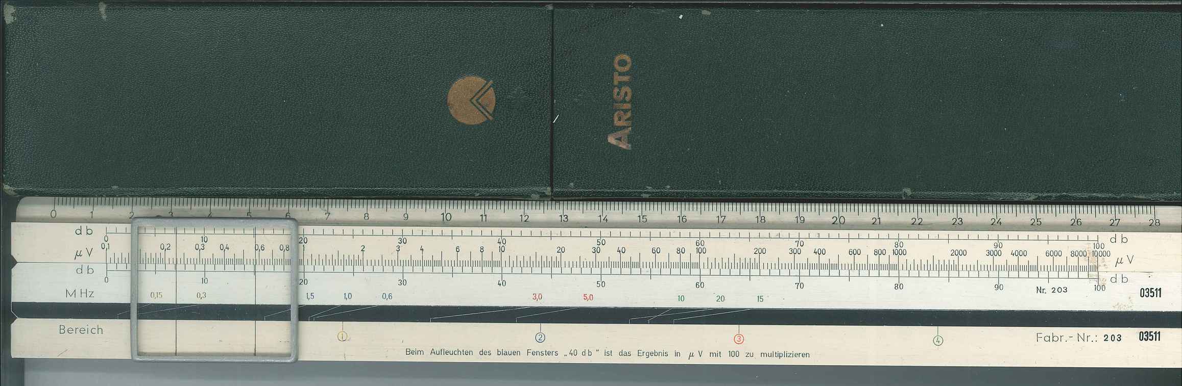 DP slide rule with db, μv and MHz